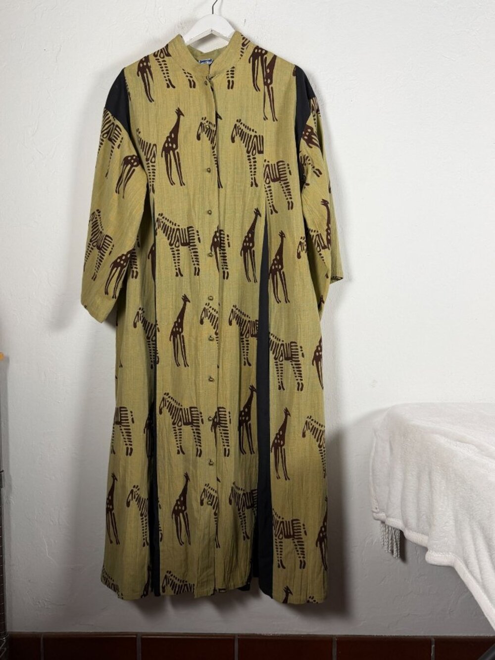Cheppu Nepal Cotton Maxi Long Shirt Dress Womens Green Safari Zebra Giraffe